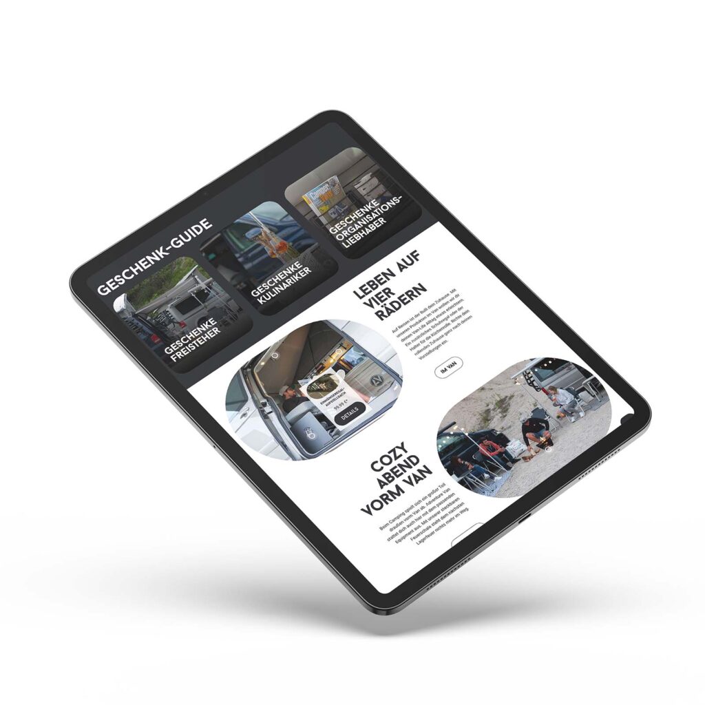 Der Geschenkeguide von Adventure Van auf einem Tablet.