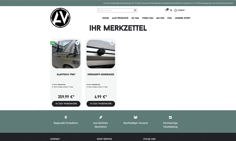 Der Merkzettel von Adventure Van auf einer Desktopansicht.