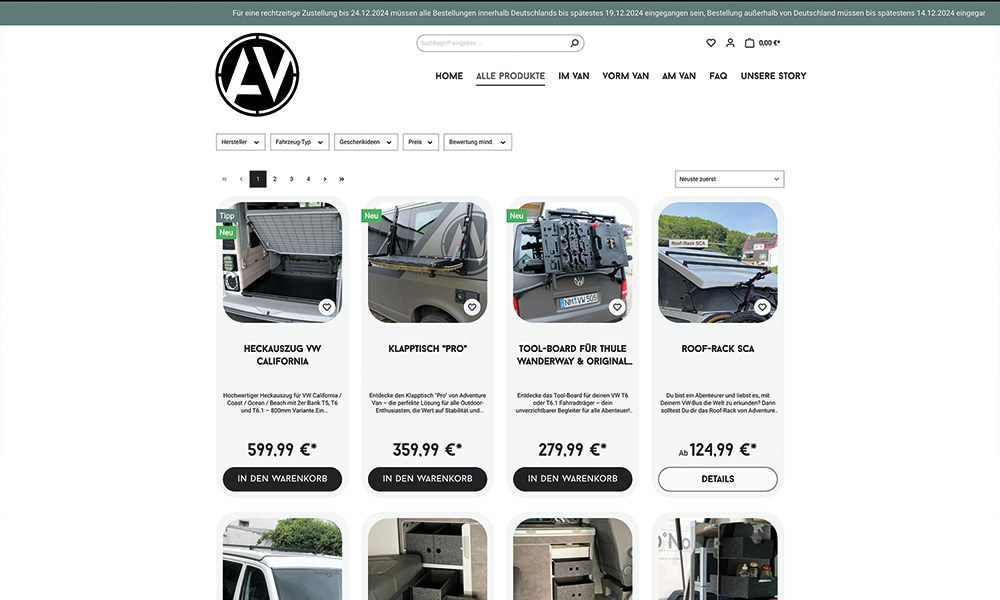 Die Produktübersicht von Adventure Van.