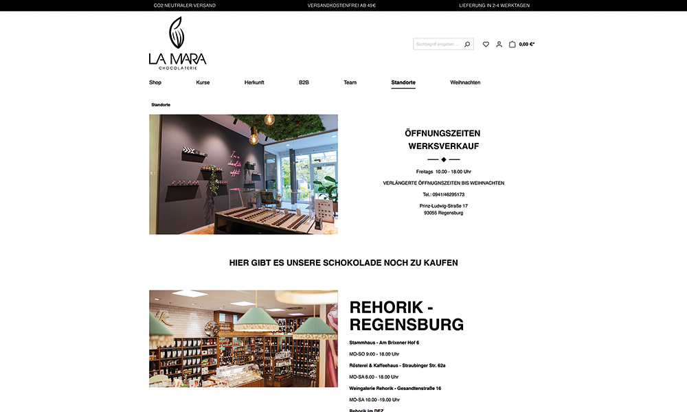 Die Standortseite des La Mara Onlineshops.
