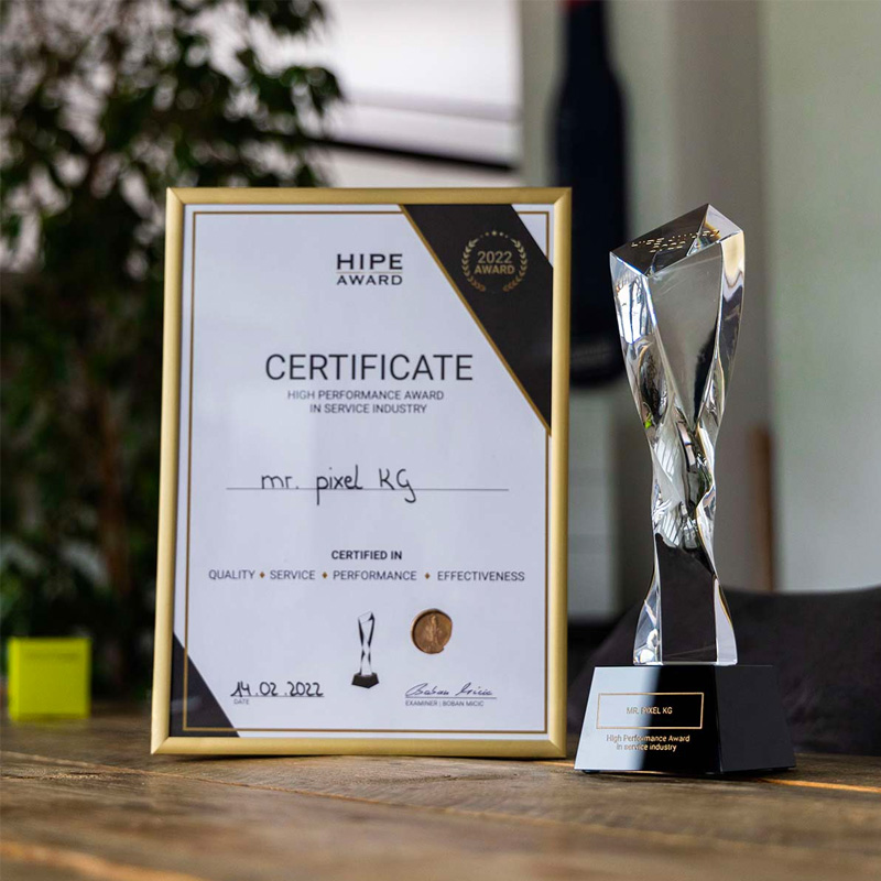 Ein Gewinnerzertifikat des HIPE Awards.