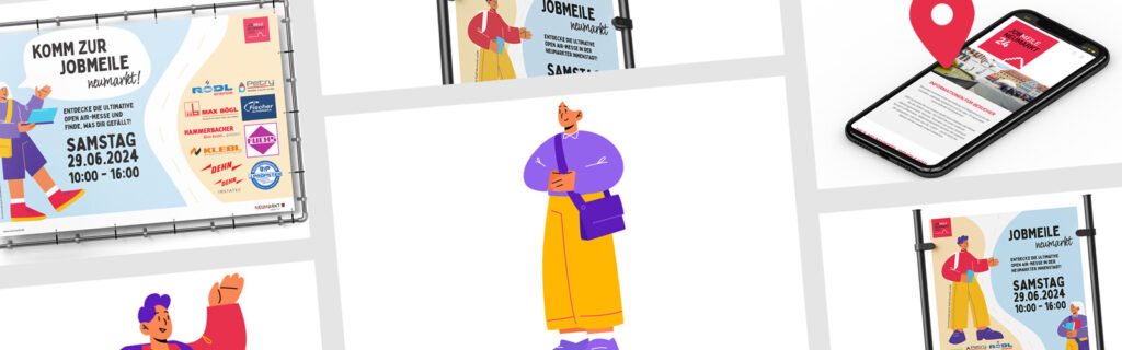 Eine Bildcollage mit verschiedenen Illustrationen der Jobmeile.