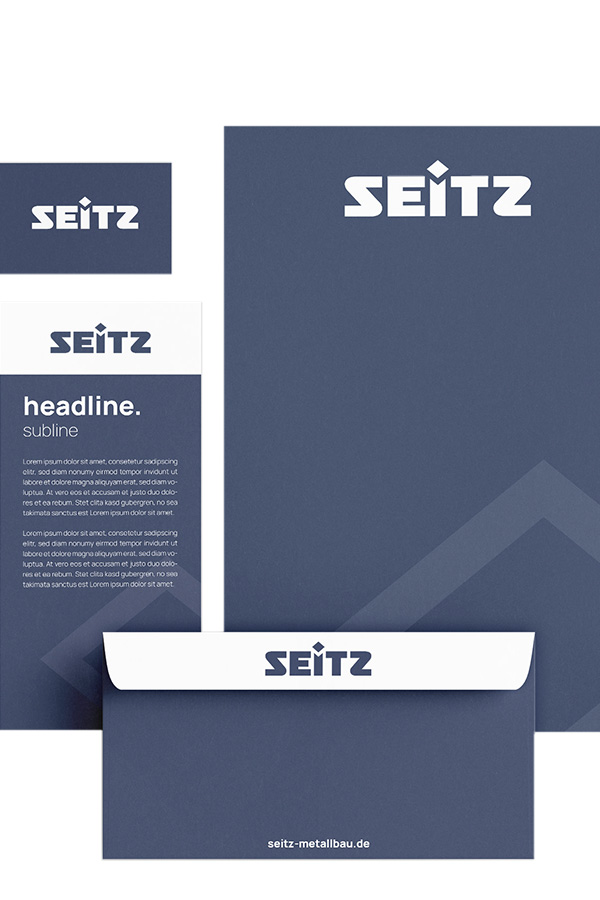 Das Seitz-Logo auf Briefpapier, Briefumschlag und als Logo.