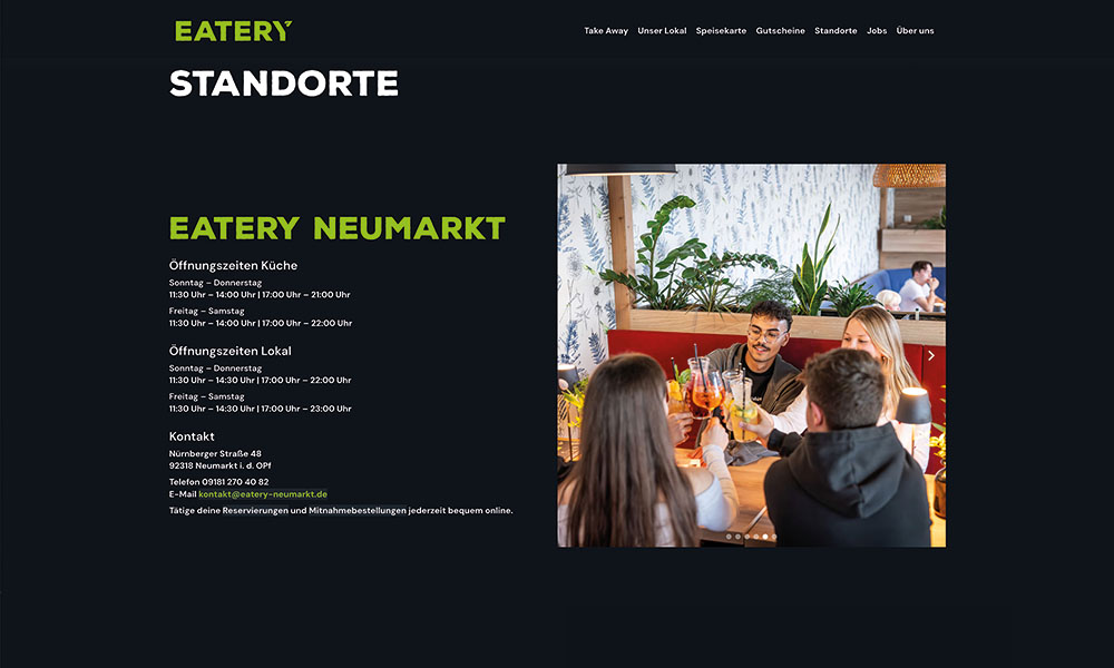 Die Kontakt und Standortseite der Eatery Neumarkt.