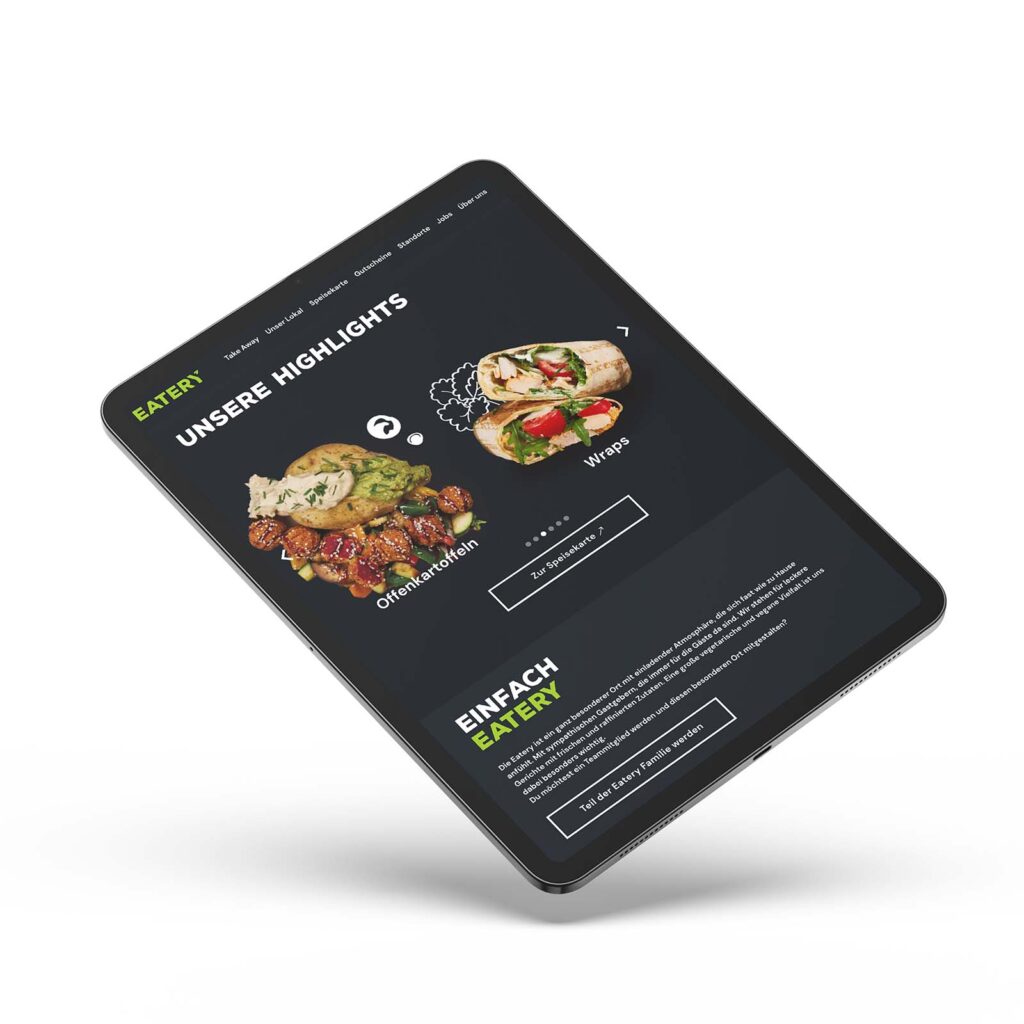 Die Menükarte von der Eatery Neumarkt auf einem Tablet.