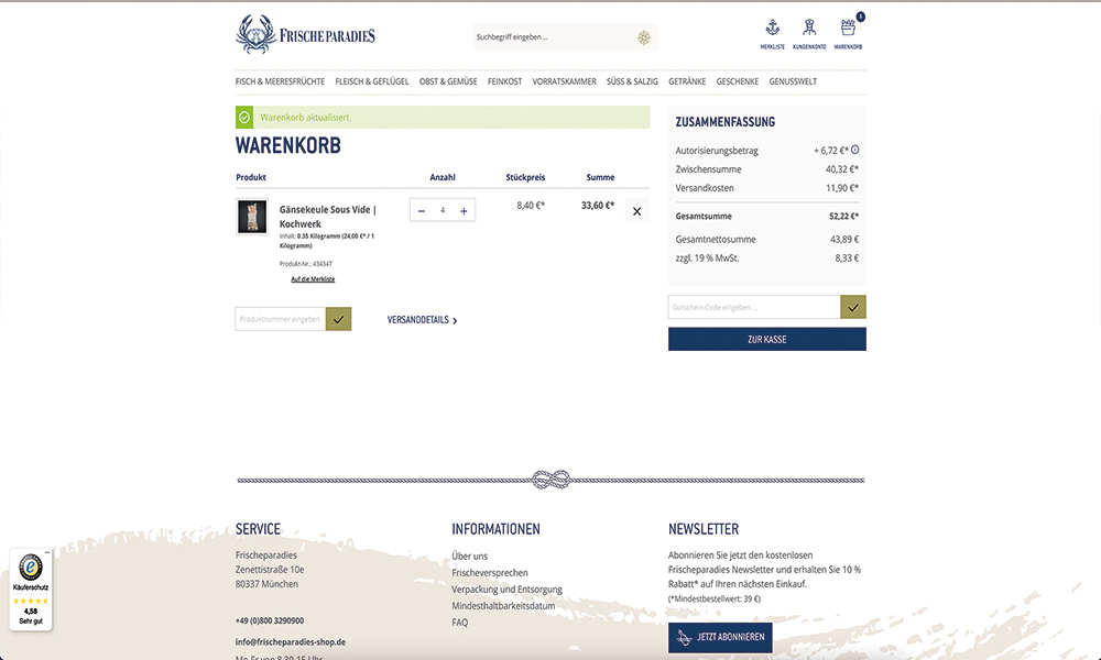 Der Warenkorb mit Frischeversand von Frischeparadies.