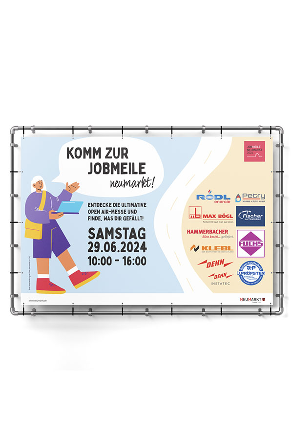 Ein großes Banner mit Datum, Uhrzeit und Sponsoren der Jobmeile Neumarkt.