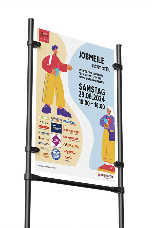 Ein großes Banner mit Termininformationen der Jobmeile Neumarkt.