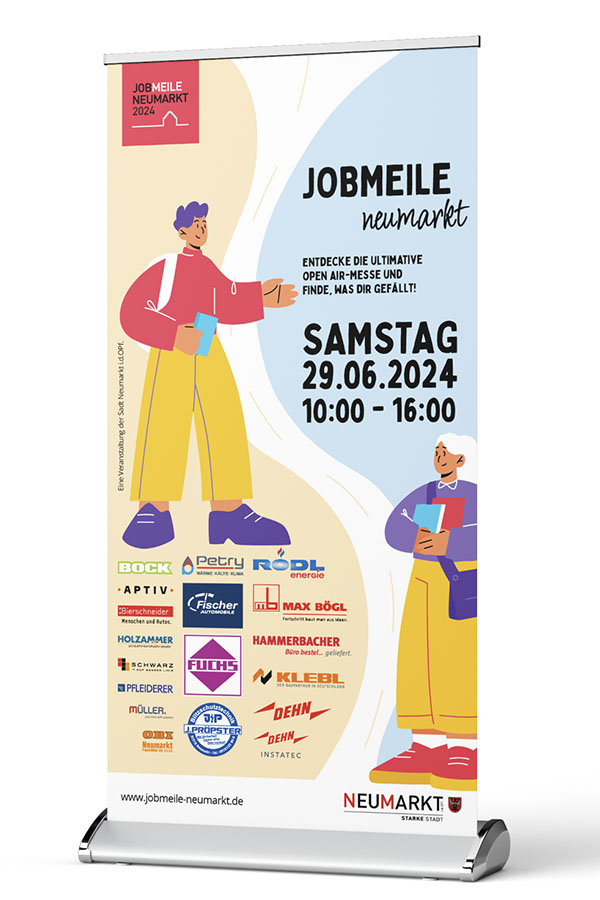 Ein Rollup mit Datum, Uhrzeit, Ort und Sponsorenlogos der Jobmeile in Neumarkt.