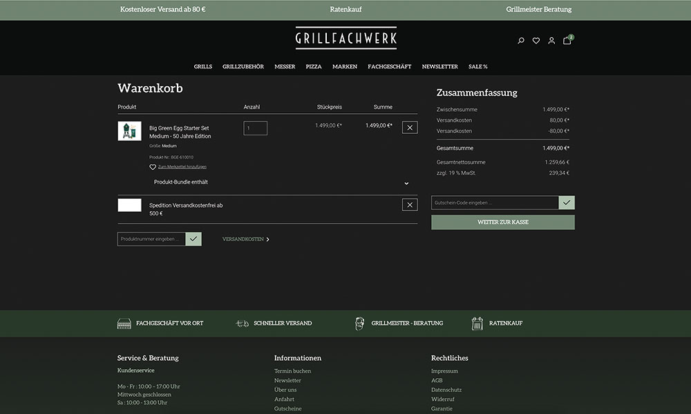 Der Warenkorb mit Zusammenfassung von Grillfachwerk.