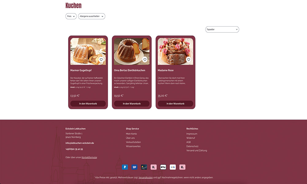 Dre Produkte des Lebkuchen Eckstein Onlineshops.