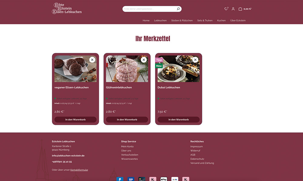 Ein Ausschnitt der Merkfunktion von Lebkuchen Eckstein.