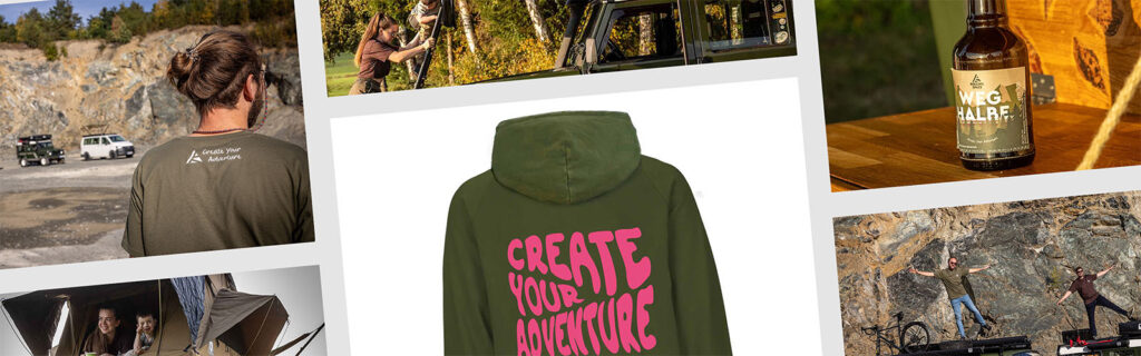 Eine Bildcollage mit Motiven von Kleidung und Camping.