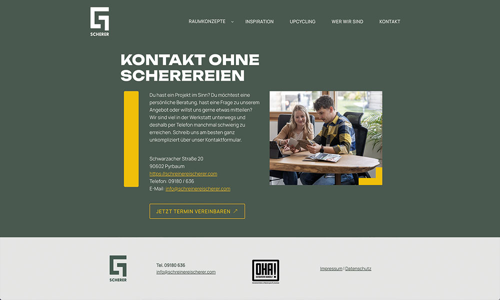Die Kontaktseite der Schreinerei Scherer auf einem Desktop.
