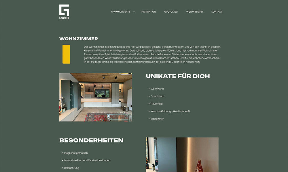 Die Kategorie Wohnzimmer der Schreinerei Scherer auf einem Desktop.