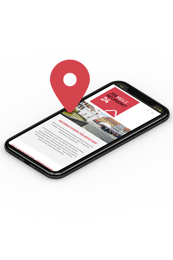 Ein Smartphone mit offener Website der Jobmeile Neumarkt.