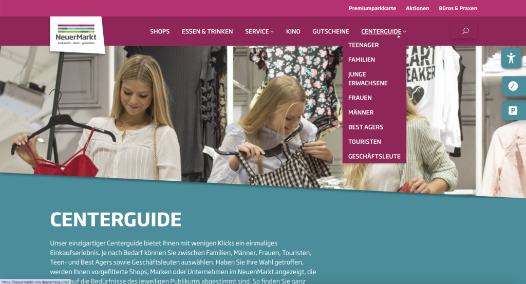 Der Centerguide der Website des Neuen Markts.