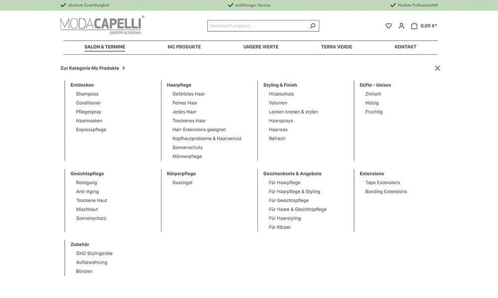 Die Kategorien von Moda Capellis Onlineshop.