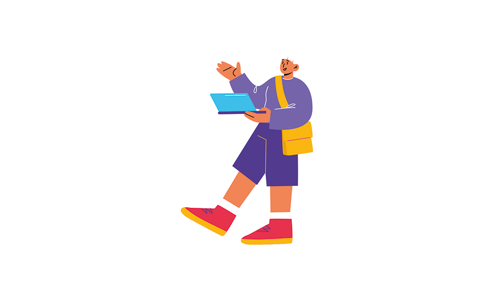 Eine Illustration eines Mädchen, die ein Laptop in der Hand hält.