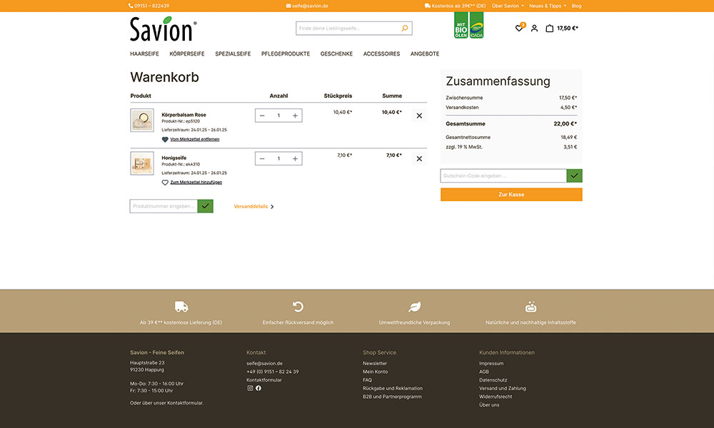 Der Warenkorb von Savion.