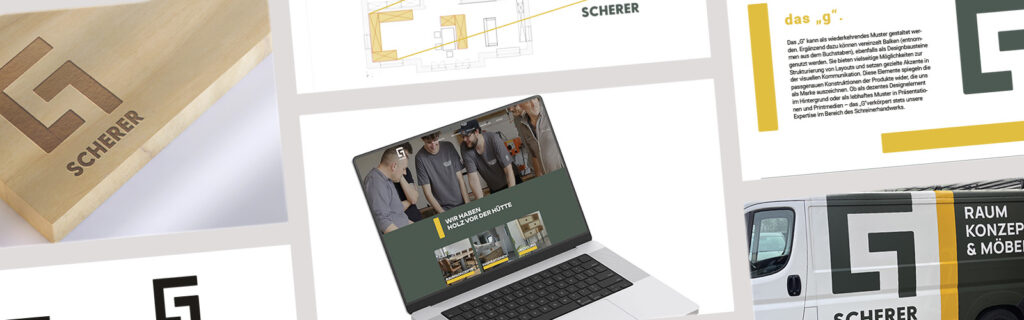 Eine Collage an verschiedenen technischen Aspekten des Schreinerei Scherer Designs.
