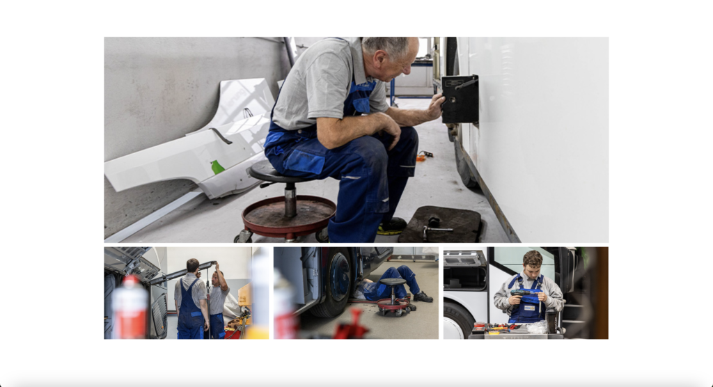 Eine Bildcollage an Mechanikern, die an Bussen schrauben.