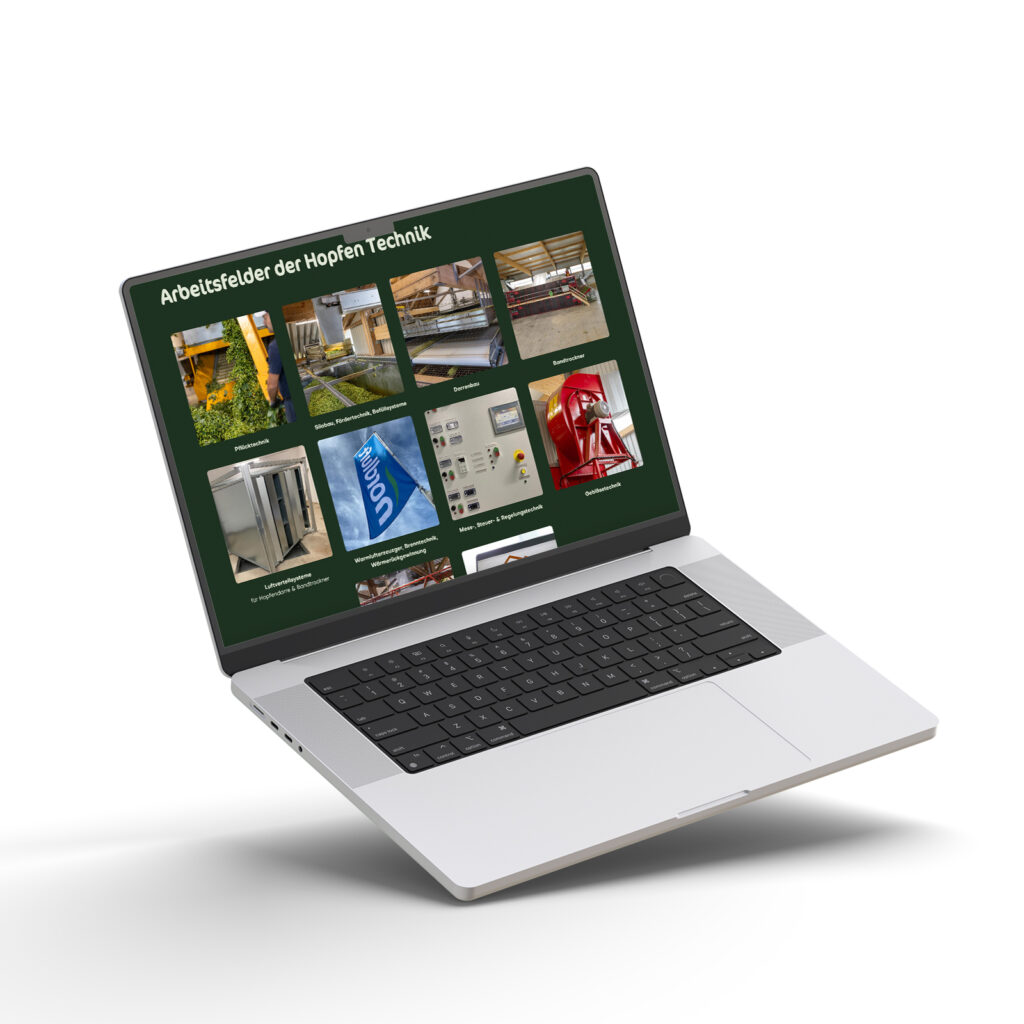 Ein offener Laptop, der die Arbeitsfelder von Hopfen Technik zeigt.