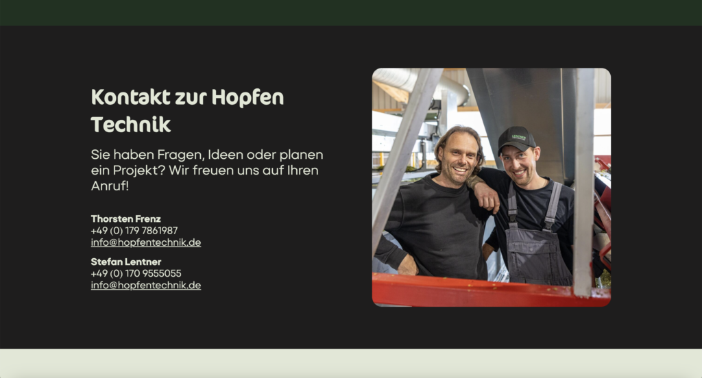 Ein Kontaktblatt mit Kontaktinfos zu Hopfen Technik.